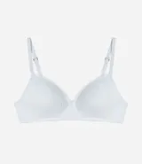 Soutien blanco de microfibra con copas triangulares, breteles finos ajustables y detalles de encaje en el escote. Sin aros.