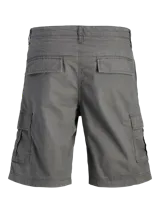 Short cargo gris de Jack & Jones, corte relajado, tiro medio, bolsillos cargo laterales, bolsillos traseros y cierre con cremallera.