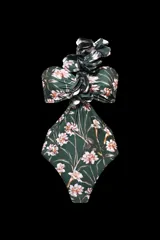 Body de lycra verde con estampado floral y apliques florales esculturales.