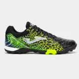 Championes Joma modelo Max Deportivo para fútbol 5, color negro con diseño de escamas en verde neón y amarillo. Presenta logo Joma plateado y detalles en suela de color amarillo neón.