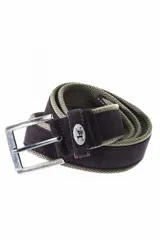 Cinturón azul de yute con apliques de nobuck y hebilla metálica plateada.