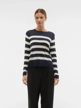 Sweater de punto a rayas horizontales azul marino y blanco, de calce regular, cuello redondo y puños acanalados.