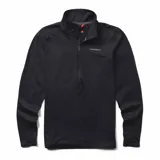 Buzo negro de poliéster reciclado y spandex, con cierre de 1/4, cuello alto, mangas largas con orificios para pulgares y logo de la marca en el pecho.