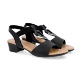 Sandalias de cuero negro con taco bajo y tira con hebilla metálica.