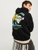 Hoodie negro con capucha y manga larga, de fit holgado y tejido loop back.
