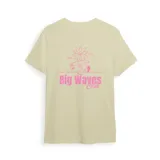 Remera blanca de algodón con estampado de un sol con gafas de sol y una tabla de surf.