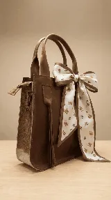 Pañuelo largo y estrecho de seda con estampado abstracto en tonos azules y blancos, con borde blanco y ribete marrón.