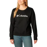 Buzo negro de cuello redondo y manga larga con logo de Columbia estampado en blanco en el pecho.