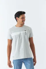 Remera de hombre color gris con logo y arte estampado en el frente, corte regular y mangas cortas.