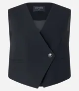 Chaleco negro de sastrería con escote en V cruzado y botón de resina.