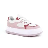 Championes urbanos Korium Mira, color rosa, blanco y bordó, con plataforma blanca y cordones blancos.