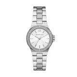 Reloj Michael Kors modelo Lennox Pavé, con caja plateada de acero inoxidable de 37mm y bisel con cristales. Esfera plateada con agujas e indicadores plateados y logo de la marca. Pulsera de acero inoxidable plateada con cierre desplegable. Resistente al agua hasta 50 metros.