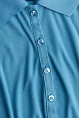 Remera polo celeste entallada de punto transparente, con cuello clásico, tapeta de botones y mangas largas.