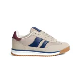 Championes deportivos American Sport Resh Shine, color beige con detalles en azul marino y bordó. Presentan una suela de goma marrón, entresuela blanca y azul, y cordones beige.