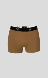 Pack de dos boxers color camel con pretina elástica negra y logo de tijeras blancas.