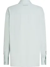 Camisa celeste de crepé de china reciclado, de corte holgado, con cuello en punta, cierre de botones, hombros caídos y puños con botones.