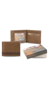 Billetera de cuero color marrón claro con guarda inferior combinada. Tiene dos visores, doble repartición para billetes, tarjeteros y bolsillos.