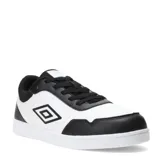 Championes urbanos Umbro de cuero sintético blanco con detalles en negro, cordones negros y logo de la marca en el lateral.