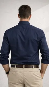 Camisa de manga larga color blanco, con cuello camisero y un pequeño logo bordado en azul marino en el pecho.