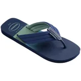 Ojotas Havaianas de goma color azul con plantilla verde y tiras con diseño degradado.