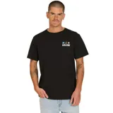 Remera negra de manga corta con logo de Volcom estampado en el pecho.
