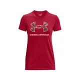 Remera gris de mujer marca Under Armour, de corte clásico y manga corta. Presenta el logo de la marca estampado en el pecho con diseño camuflado en tonos azules y negros.