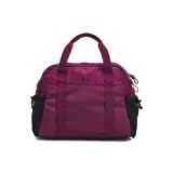 Bolso de gimnasio color beige con detalles en negro, con doble asa de mano y correa de hombro ajustable. Cuenta con múltiples bolsillos internos y externos, incluyendo un compartimento principal con cierre de cremallera, bolsillos laterales de malla y correas elásticas para sujetar una esterilla de yoga.