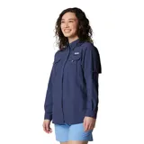Camisa de pesca Columbia Bahama de manga larga color azul marino, con cuello abotonado, dos bolsillos frontales con cierre de velcro, ventilación en la espalda y tecnología Omni-Shade UPF 30.