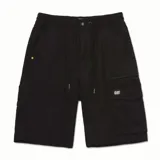 Short negro de trabajo con bolsillos cargo, cintura elástica con cordón ajustable y cierre con cremallera y botón.