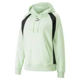 Buzo hoodie Puma Classics Block, color verde claro con bloques negros en los hombros y mangas. Tiene capucha con cordones ajustables, bolsillo tipo canguro y logo de Puma bordado en el pecho.