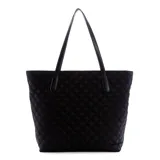 Bolso tipo tote Guess Jaxi Grande, color negro con diseño acolchado en forma de rombos, logo triangular dorado en el frente, doble asa de hombro y bolsillo externo con cierre.