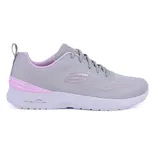 Championes deportivos Skechers Skech-Air Dynamight, color gris con detalles en lila. Capellada de malla de ingeniería de dos tonos, cordones, plantilla Skechers Memory Foam y entresuela con amortiguación de aire Skech-Air.
