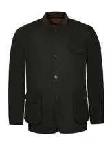 Chaqueta de hombre en tejido canvas con tratamiento de cera, resistente al agua y al viento, con tres bolsillos frontales y dos interiores.