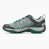 Zapatillas de senderismo Merrell Crosslander 3, color gris con detalles en negro y turquesa. Capellada de gamuza y malla transpirable, puntera sintética resistente a la abrasión, plantilla de espuma EVA reciclada, entresuela de espuma EVA ligera y suela de goma adherente.