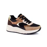 Championes Korium Donna de estilo casual, con suela alta y diseño color block en tonos negro, marrón, beige y dorado.