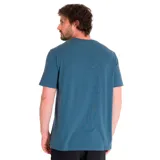 Remera de manga corta color azul petróleo con cuello redondo y estampado gráfico frontal con texto en amarillo y blanco que incluye las palabras "Caterpillar", "Strength & Endurance" y "Bigger Value".