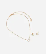 Conjunto de collar y caravanas dorados con zirconia y perlas.