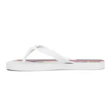 Chinelas de dedo con base celeste y estampado de palmeras y logo Mormaii en blanco y negro.