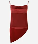 Blusa alargada de poliéster satinado color borgoña, con breteles finos y escote drapeado.