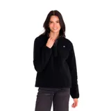 Buzo polar negro de mujer, marca CAT. Tiene cierre frontal de 3 botones con pliegue de poliéster ripstop, parche redondo con el logo de CAT en el pecho izquierdo, bolsillos en las costuras laterales y lycra en los puños de las mangas y en el dobladillo.