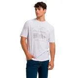 Remera blanca de algodón y poliéster con estampado al frente que conmemora el centenario de Caterpillar.