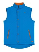 Chaleco capitoneado color marrón con interior color camel, cierre frontal con cremallera y broches a presión, y bolsillos laterales con solapa. Diseño ecuestre.