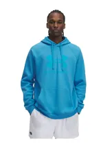 Buzo gris de Under Armour, línea Rival Fleece, con capucha y logo estampado en el frente.
