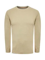 Sweater color beige claro de algodón orgánico y seda, con cuello redondo y mangas largas.