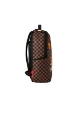 Mochila Sprayground en colaboración con el jugador de la NFL Tyreek Hill. Diseño con estampado a cuadros en tonos marrones y aplique de la cara de un guepardo.
