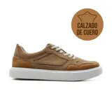 Zapato casual de cuero color marrón con cordones y suela blanca.