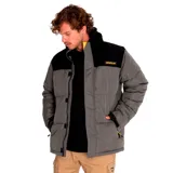 Campera puffer amarilla con cuello alto y parte superior en pana negra. Tiene cierre frontal con velcro, bolsillos laterales con cierre y puños ajustables.