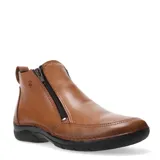 Botín de cuero color caramelo, estilo casual, con cierre lateral negro y suela de goma negra. Presenta un pequeño logo en relieve en el lateral exterior.