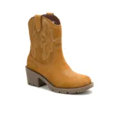 Botín de cuero color ocre con bordados de estilo western en la caña y el empeine. Tiene taco cuadrado y suela de goma. 