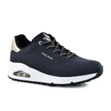 Championes Skechers Street Uno - Shimmer Away, color negro con detalles en dorado. Capellada de durabuck sintético, cordones elásticos, plantilla Skechers Air-Cooled Memory Foam y media suela visible Skech-Air con cámara de aire.